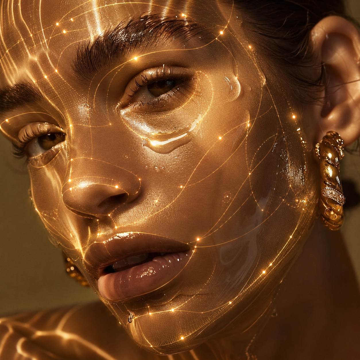 Leitura de saúde por scan facial com malha de pontos luminosos dourados